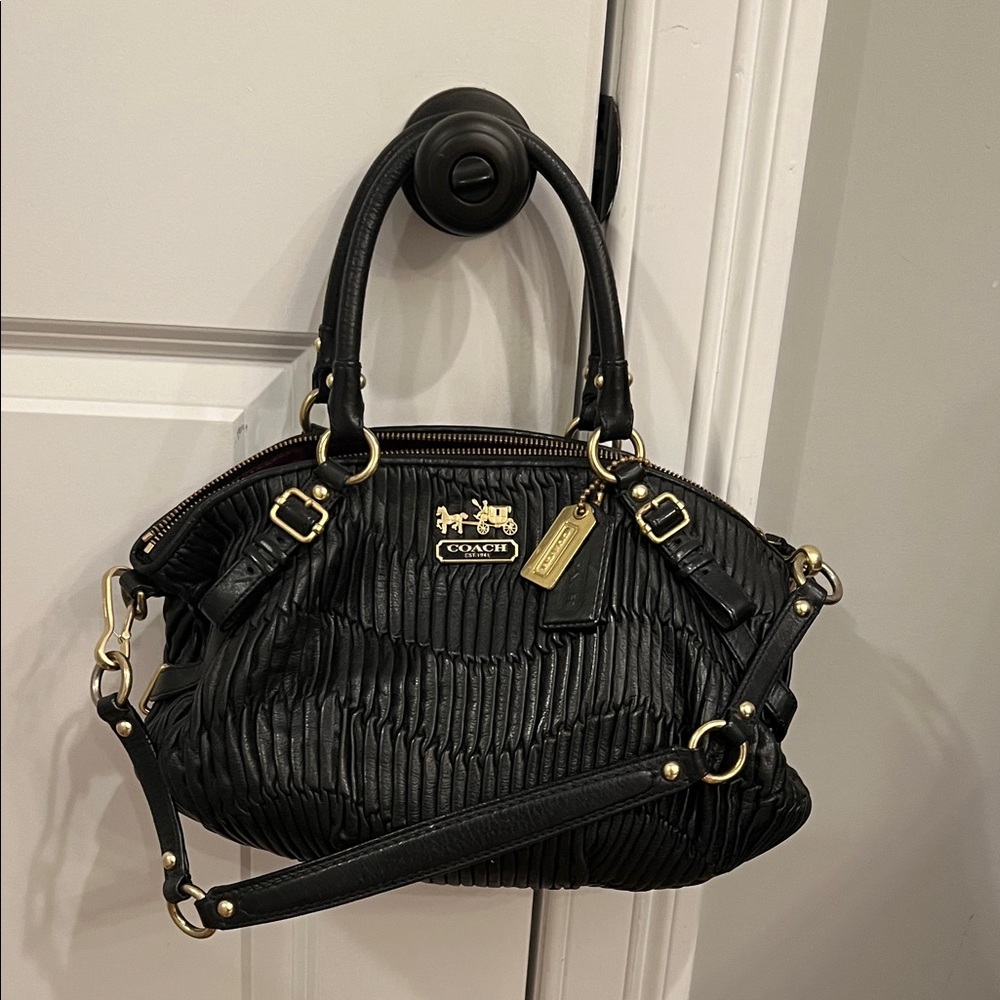 Vintage Coach ruched/pleated black leather handbag